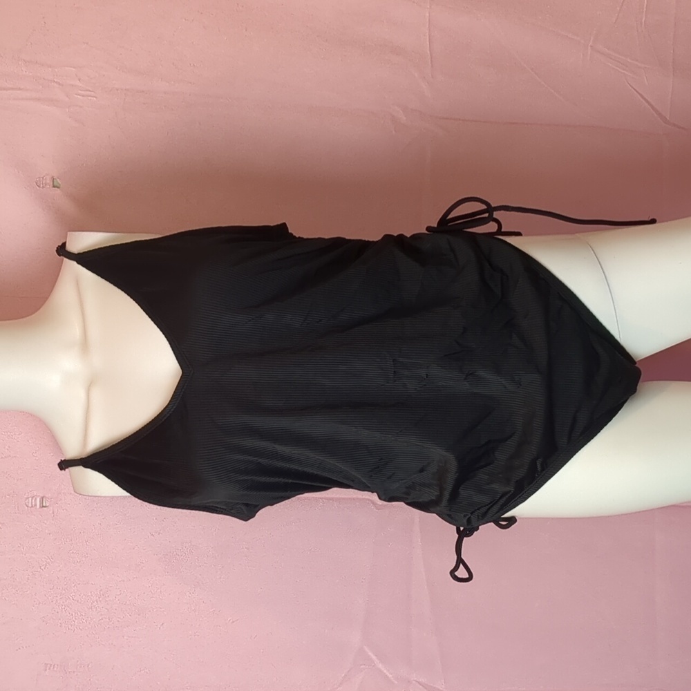 Catalina Swimwear Black V Neck Ribbed One Piece Tie Sides Swimsuit size XL